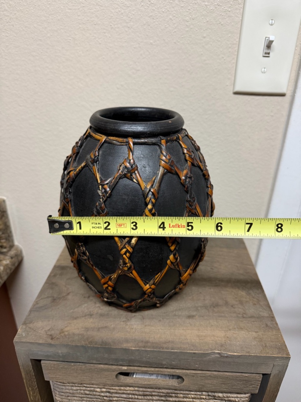 Black Ceramic Vase with Brown Woven Lattice - Picture 5 of 6